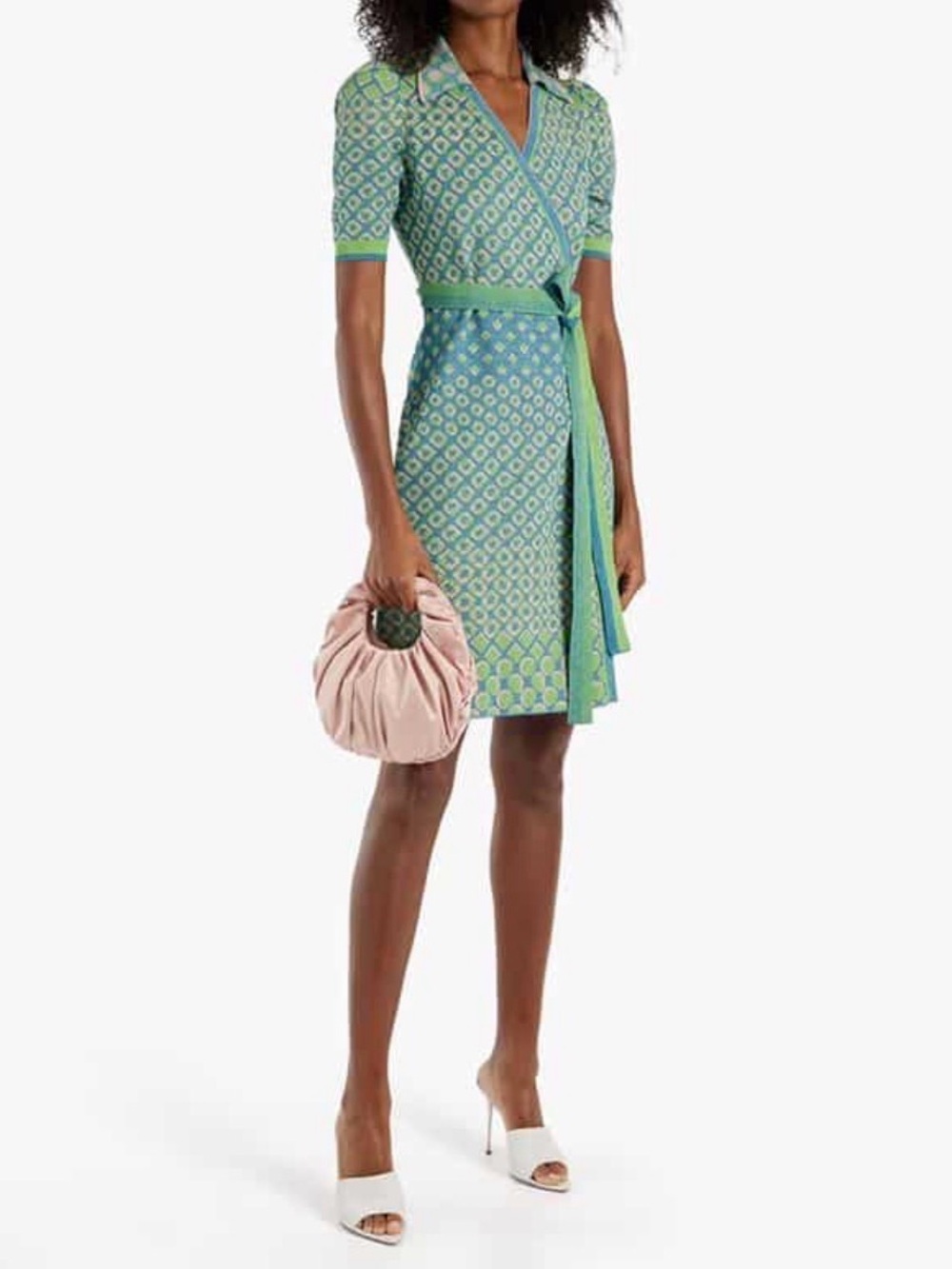 Diane Von Furstenberg Green and Blue Geometric Wrap Midi Dress